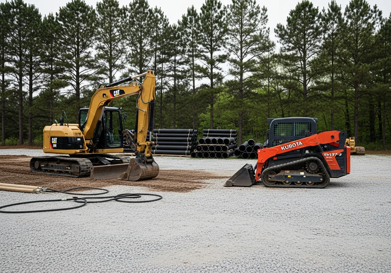Excavation equipment and machinery on a job site, ready for land clearing and site development work.