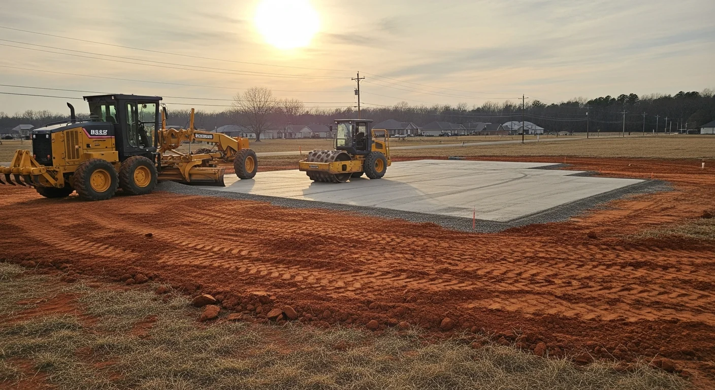 Excavator grading and preparing building site
