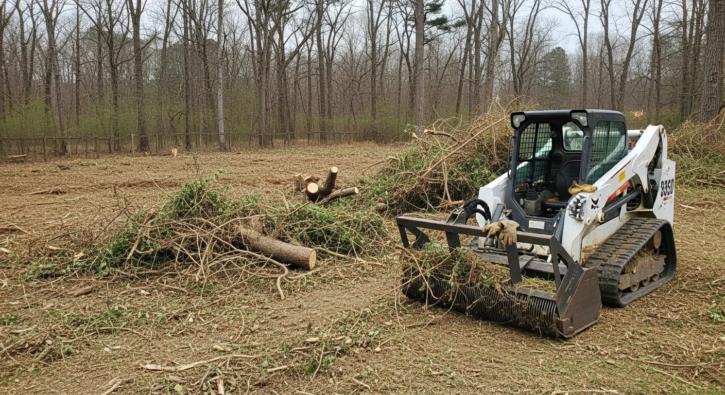 A cleared residential lot in Jonesboro, Arkansas after brush removal, showing bare ground free of overgrown shrubs and tangled vegetation. Heavy equipment tracks are visible along the edge where dense undergrowth was cut back to the property line.