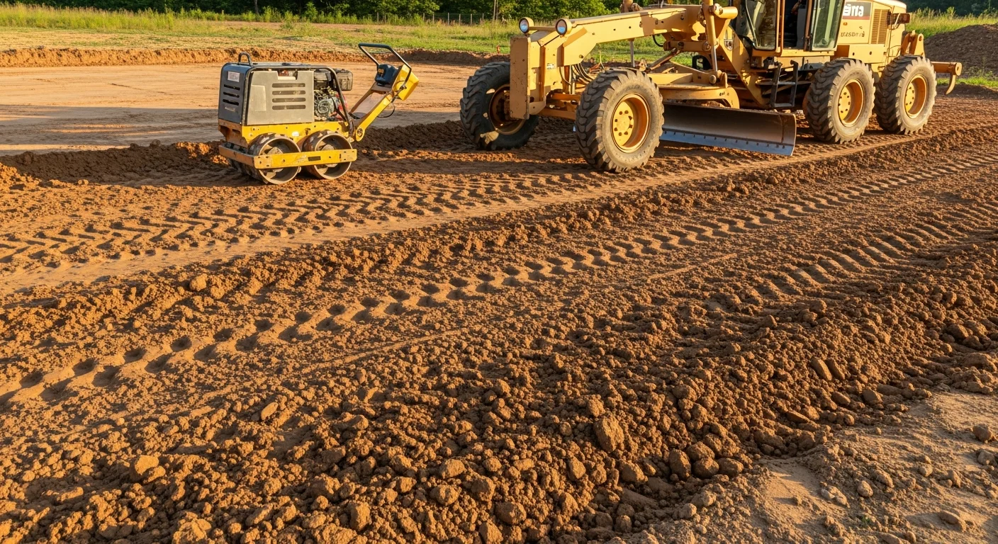 A graded and compacted building pad on a cleared residential lot in Jonesboro, Arkansas, with smooth soil ready for foundation work. Heavy grading equipment sits at the edge of the site showing fresh earthwork and proper slope away from the pad.