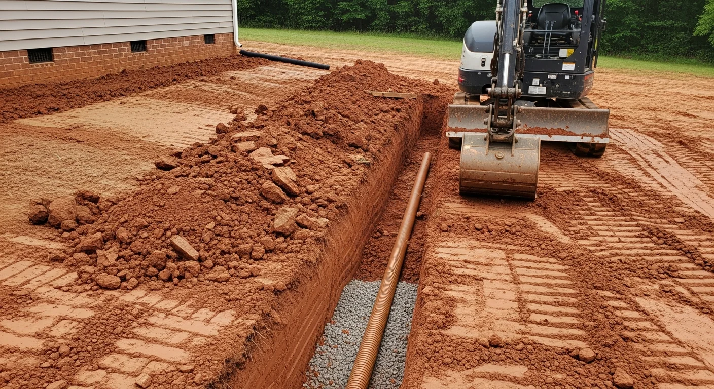 Excavated French drain trench running alongside a residential yard in Jonesboro, Arkansas, with gravel bed and perforated pipe visible before backfill. A Gators Dirt Worx excavator sits in the background on a clay-soil lot.