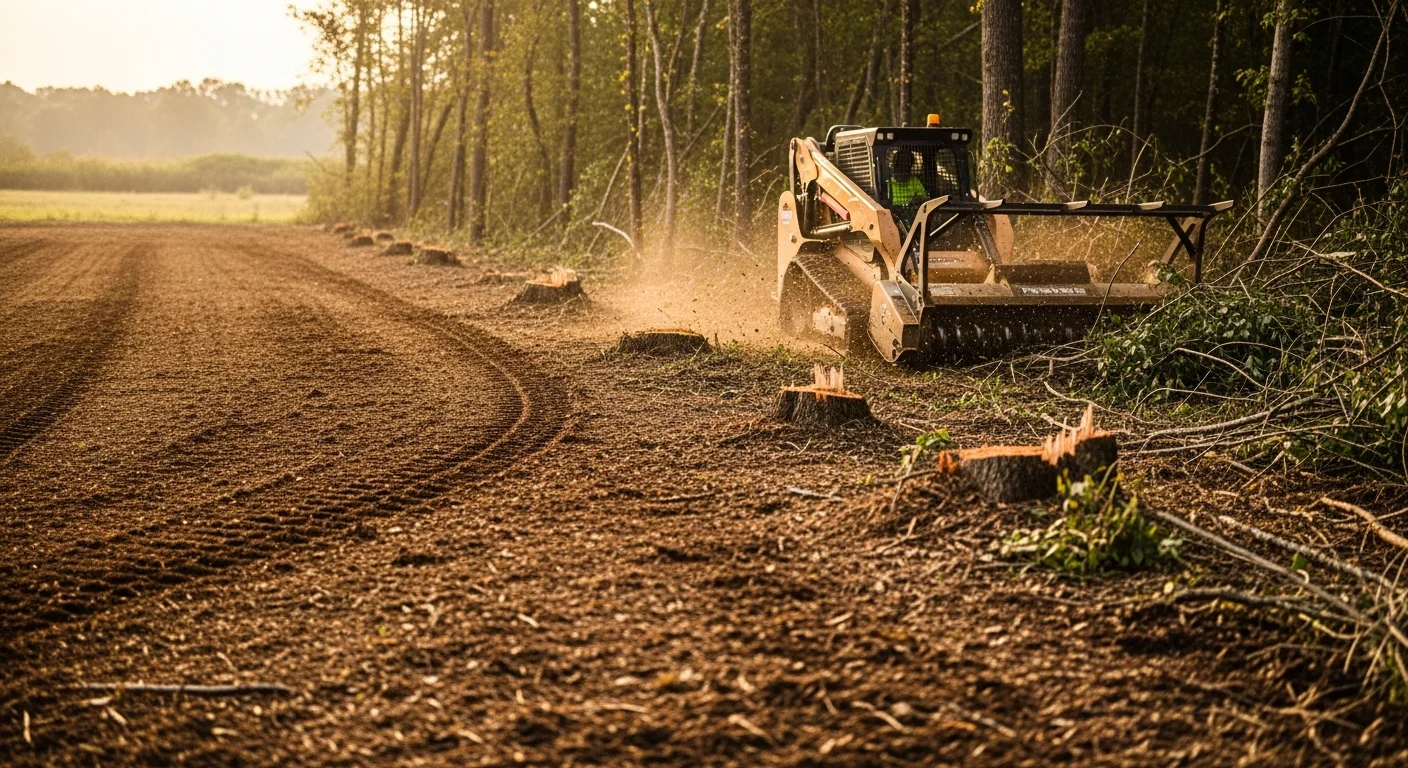 A forestry mulcher clearing dense brush and small trees on a rural lot near Jonesboro, Arkansas, leaving a layer of ground mulch across the open soil. The cleared area shows flat, accessible land ready for grading or construction.