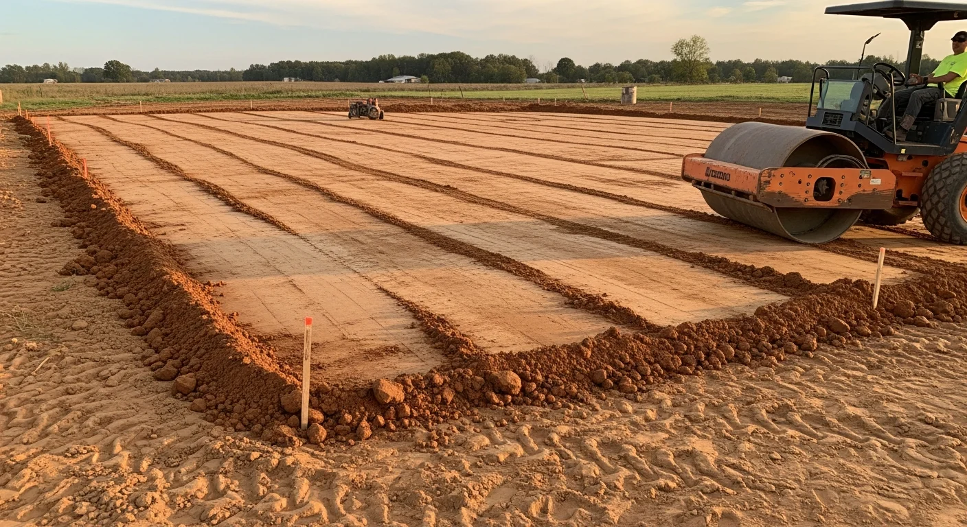 A freshly graded and compacted foundation pad on a residential lot in Jonesboro, Arkansas, with smooth subgrade surface and sloped edges ready for concrete forming. Heavy equipment tire tracks visible across the leveled dirt pad on a clear day.