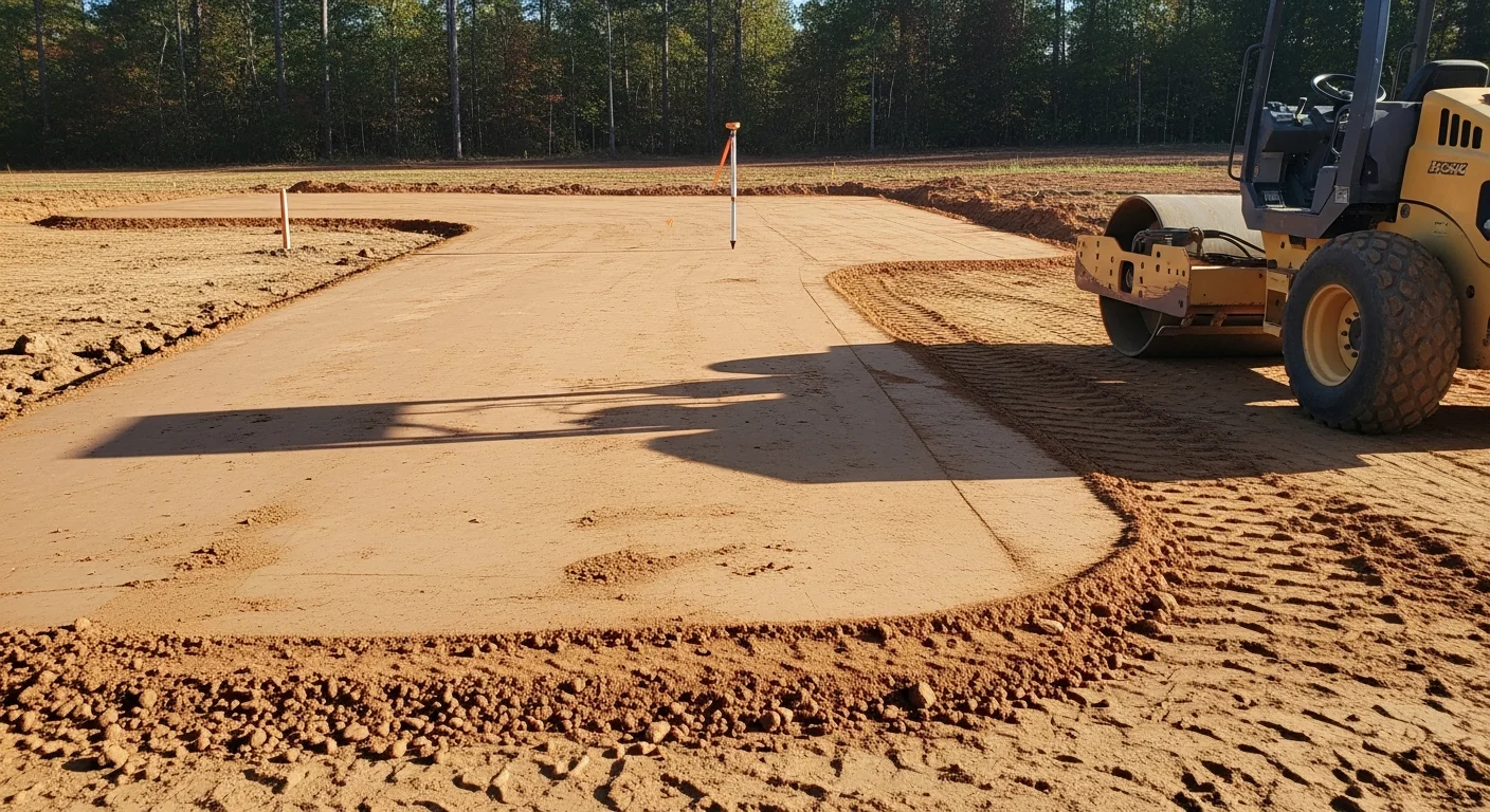 A freshly graded and compacted house pad on a cleared residential lot in Jonesboro, Arkansas, showing a level earthwork surface ready for foundation work. Heavy equipment tracks are visible across the smooth, compacted fill with no standing water present.