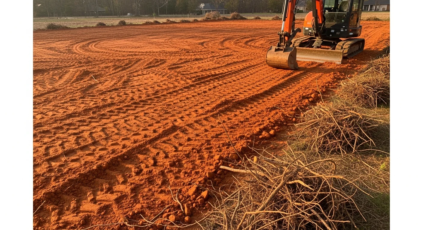 A freshly cleared residential lot in Jonesboro, Arkansas with trees and brush removed, graded soil visible, and surrounding tree line intact. Heavy excavation equipment parked on site after land clearing work is complete.