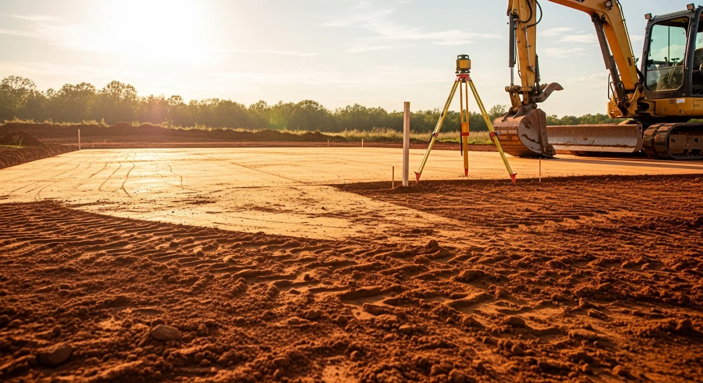 A graded and leveled dirt lot in Jonesboro, Arkansas with smooth soil surface and clear slope away from a marked building pad. Heavy equipment tracks visible across freshly worked Northeast Arkansas clay ground.