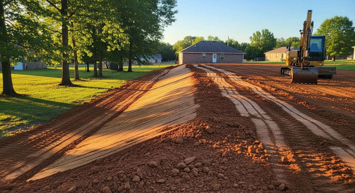 A residential lot in Jonesboro, Arkansas after professional grading, showing a smooth, sloped yard surface directing water away from the home's foundation. A grading contractor's equipment sits in the background on the freshly shaped soil.