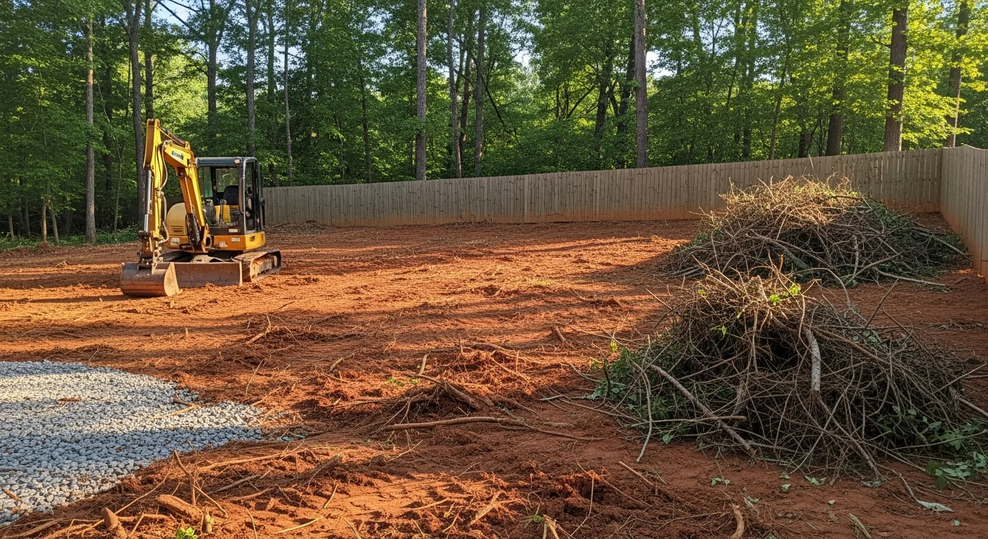 A cleared residential lot in Jonesboro, Arkansas after overgrown brush and dense vegetation have been removed by heavy equipment. The ground is open and accessible with no remaining debris or cut material on site.