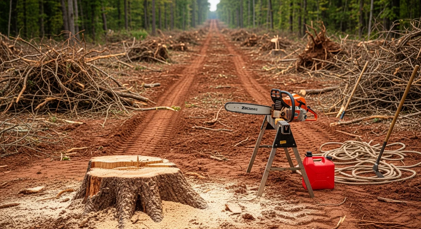 A cleared right-of-way corridor in Jonesboro, Arkansas showing cut stumps, removed brush, and open ground along a utility easement. Heavy equipment tracks are visible on the cleared soil beside a tree line.