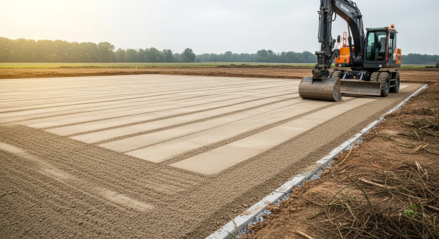 A graded and cleared building site in Jonesboro, Arkansas with smooth compacted earth and defined drainage slopes ready for foundation work. An excavation machine sits at the edge of the prepared pad on a sunny day in Craighead County.