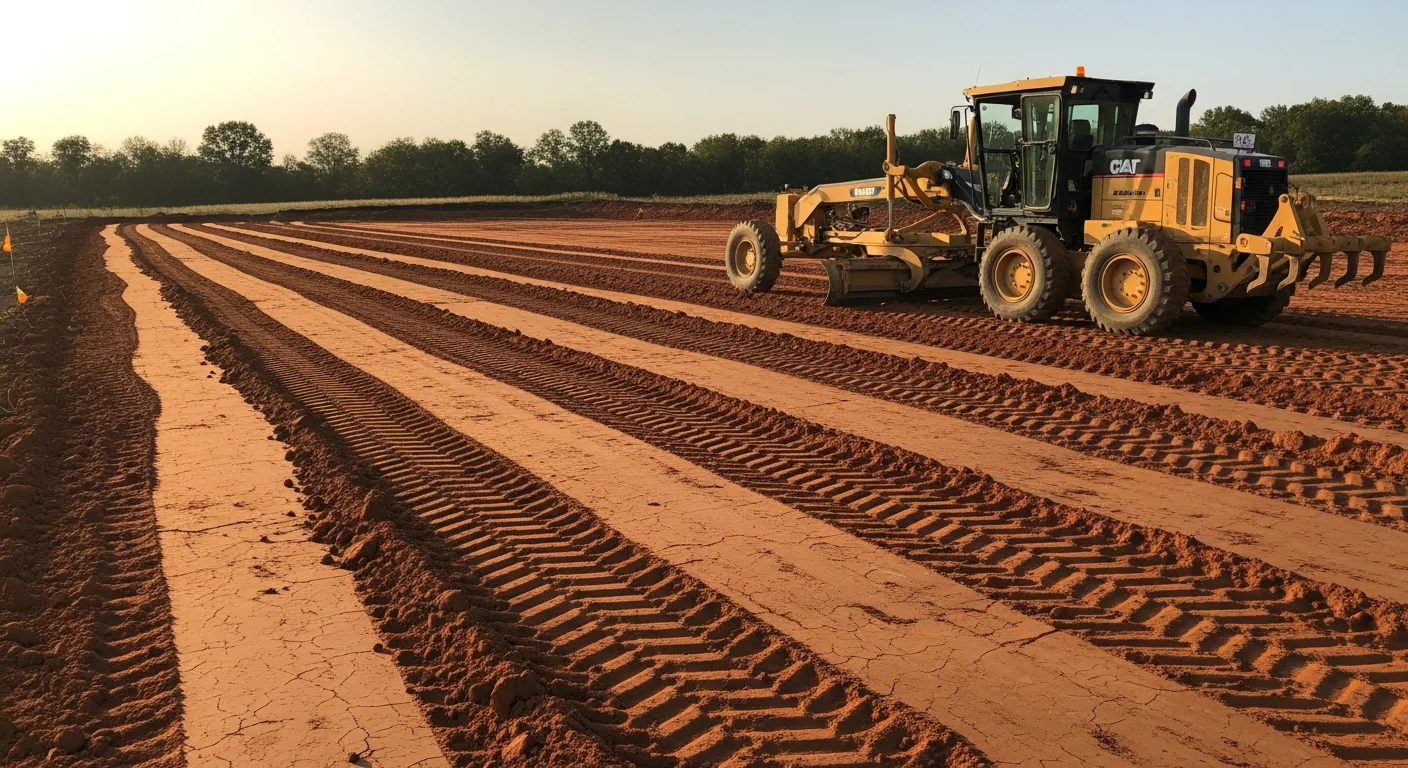 A grading contractor operating a tracked dozer on a cleared residential lot in Jonesboro, Arkansas, shaping the soil into a level building pad. The surrounding area shows freshly graded earth with no vegetation, ready for foundation work.