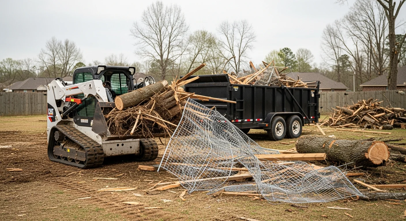 A Jonesboro, Arkansas residential property after storm clearing, showing a clean yard with no remaining debris, fallen trees, or scattered materials. Heavy equipment tracks are visible at the edge of the lot where Gators Dirt Worx completed the haul-off.