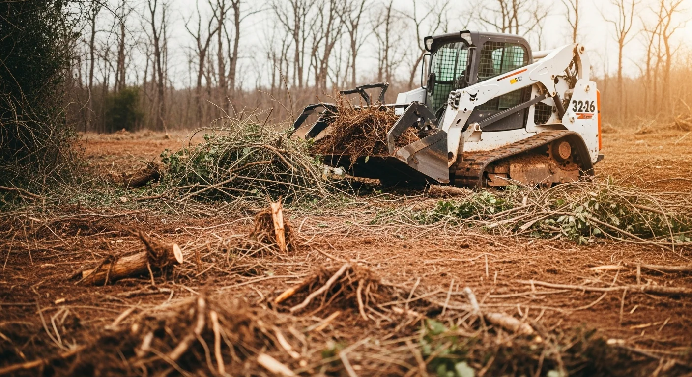 A cleared residential lot in Jonesboro, Arkansas after vegetation removal, showing bare ground free of brush, vines, and overgrown scrub. Heavy equipment tracks are visible at the site edge where dense undergrowth was removed.